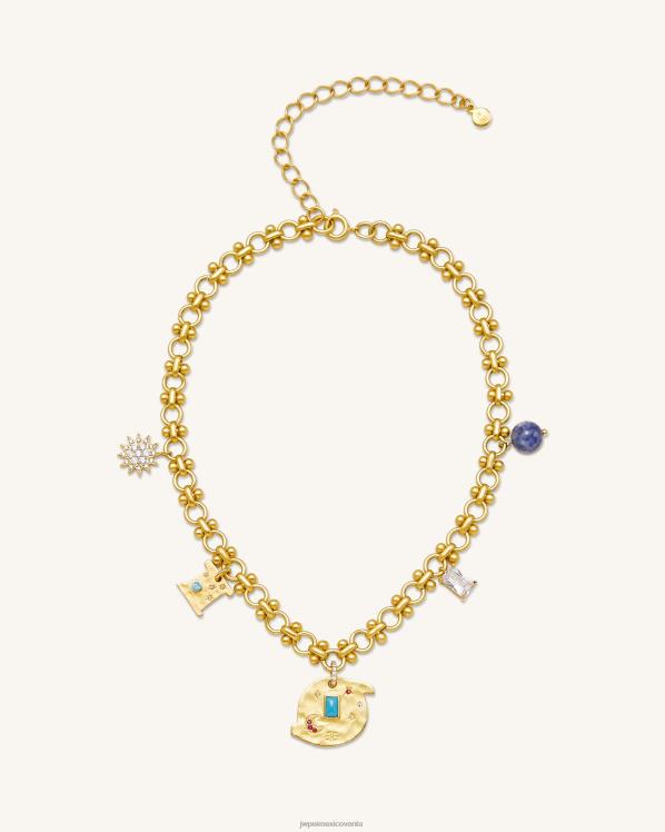collar JW PEI ZR2BN367 Chapado en oro de 18 quilates y turquesas y circonitas multicolores y cuentas de porcelana azul y blanca. collar cosmos redondo con múltiples dijes