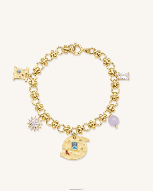 pulsera JW PEI ZR2BN365 Chapado en oro de 18 quilates y circonitas multicolores y cuentas moradas. pulsera cosmos redonda con dijes múltiples